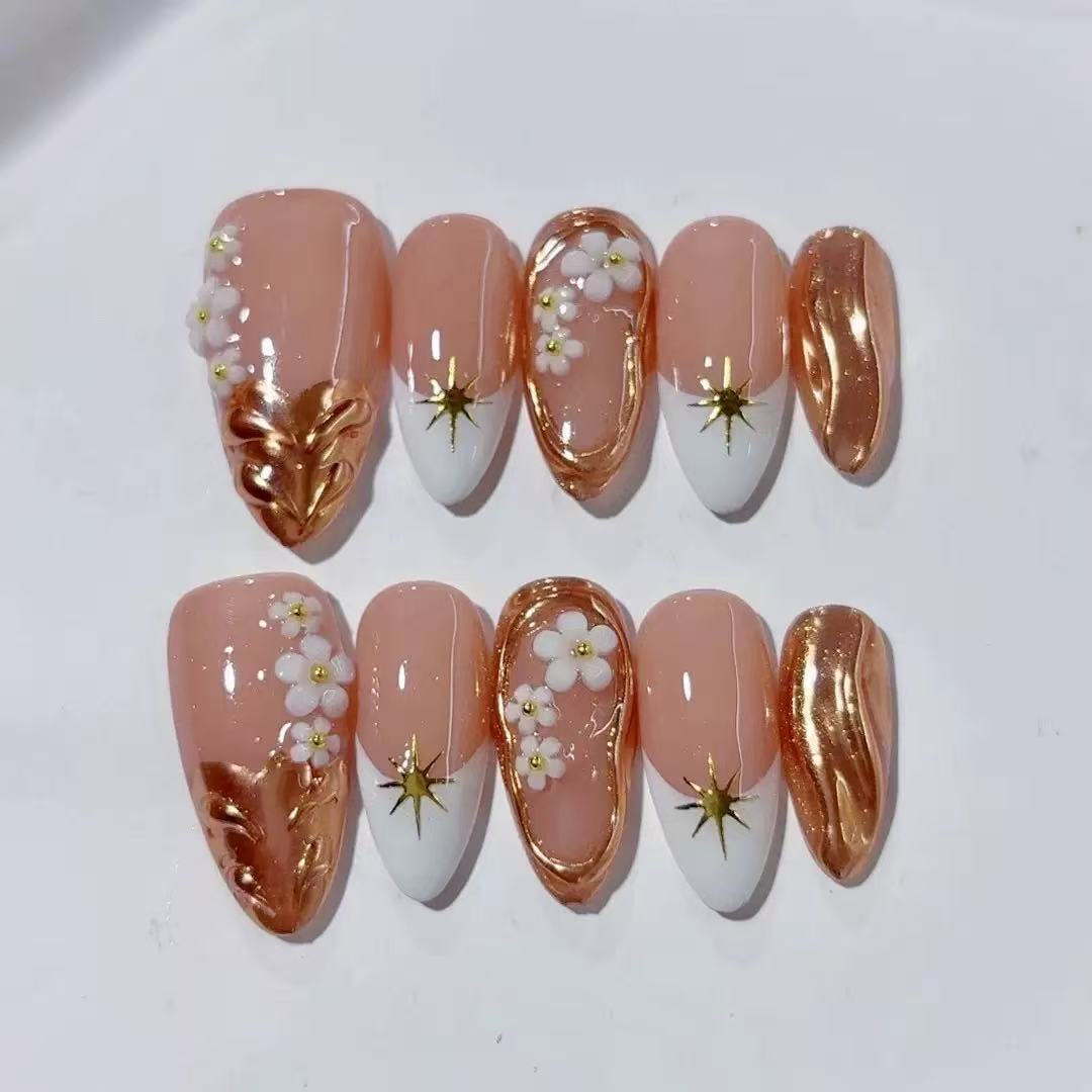 NAILOVEAmerican-style French 3D flower almond nail art