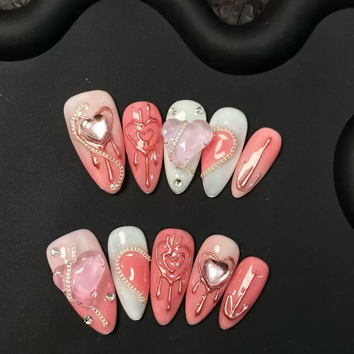 NAILOVEPinkHalloween Y2K almond-shaped nail art with 3D hearts