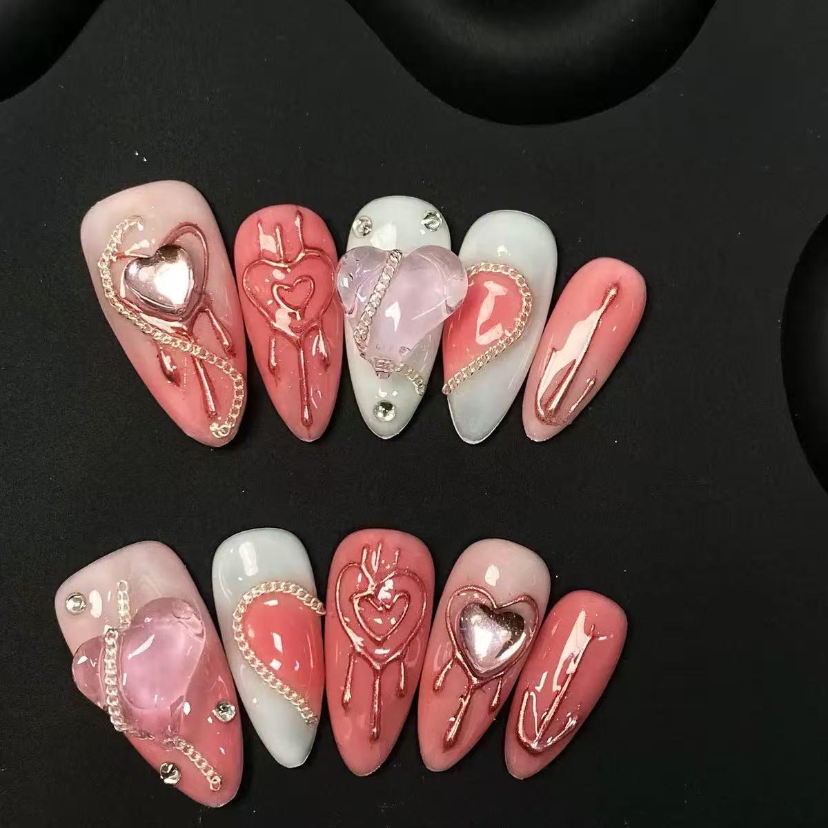 NAILOVEPinkHalloween Y2K almond-shaped nail art with 3D hearts