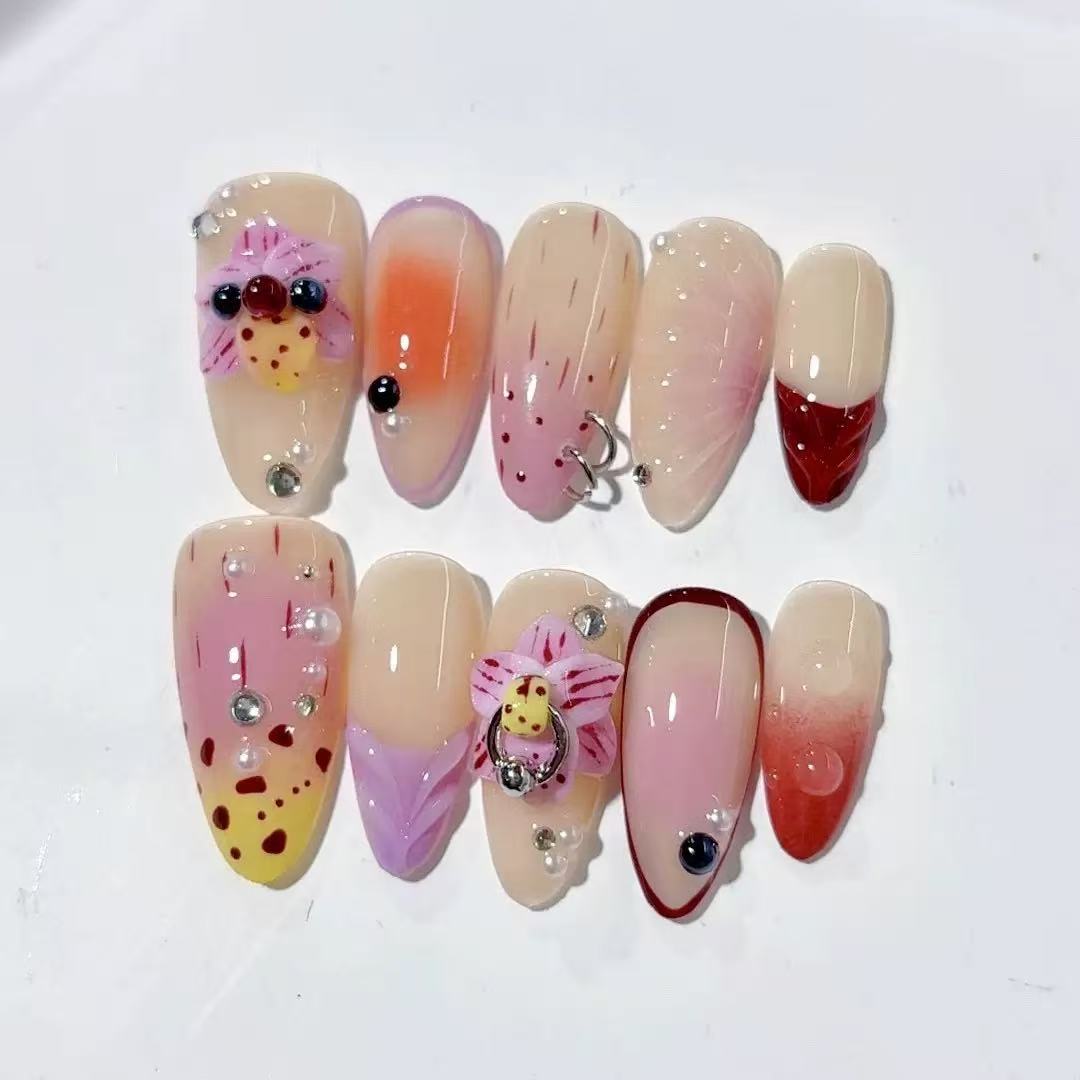 NAILOVEPunk style 3D flower long almond-shaped nail art