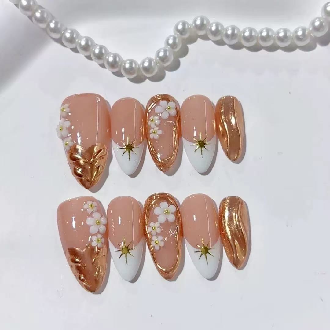 NAILOVEAmerican-style French 3D flower almond nail art